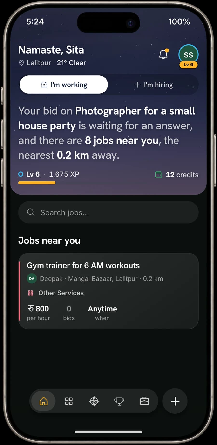 The Magarchu app's home screen: jobs near you, jobs posted today and your credits. Figures are sample data.